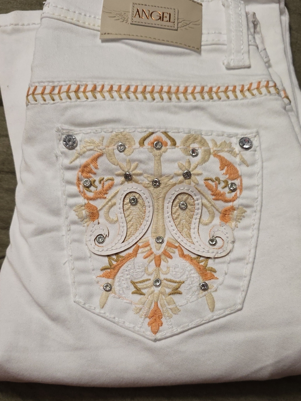 Vintage Angels White Jeans Sz 3 Bling Pocket Gold Paisley Embroidery Studded Y2k